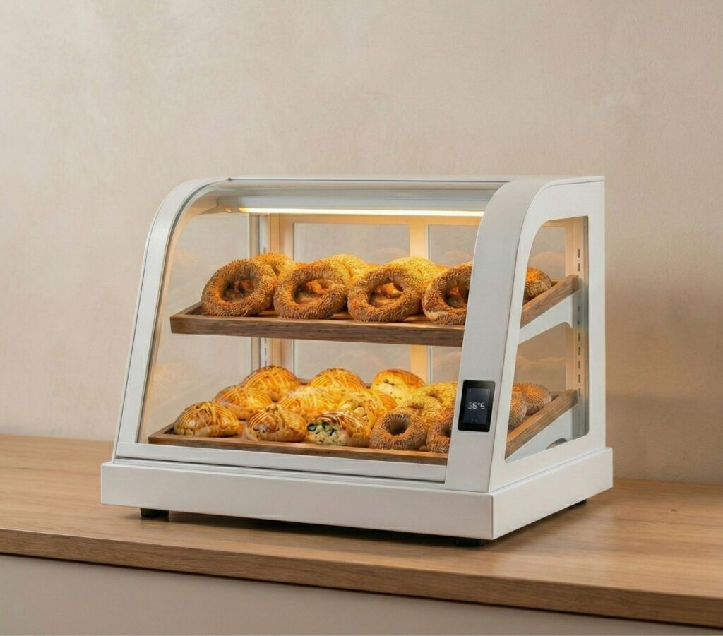 Beyaz renkli, şık ve minimal bir tasarıma sahip simit,poğaça börek ısıtmak için üretilen ısıtmalı simit poğaça dolabı.